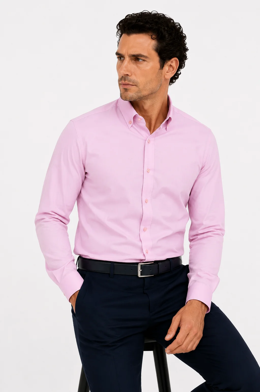 Açık Pembe Düz Renk %100 Pamuk Erkek Gömlek